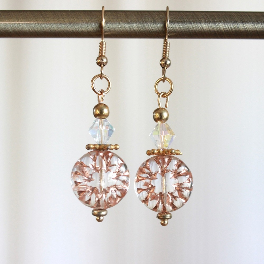 Handmade Rose Gold Filigree Glass Drop Earrings Iridescent Crystal Dangles‎ E9